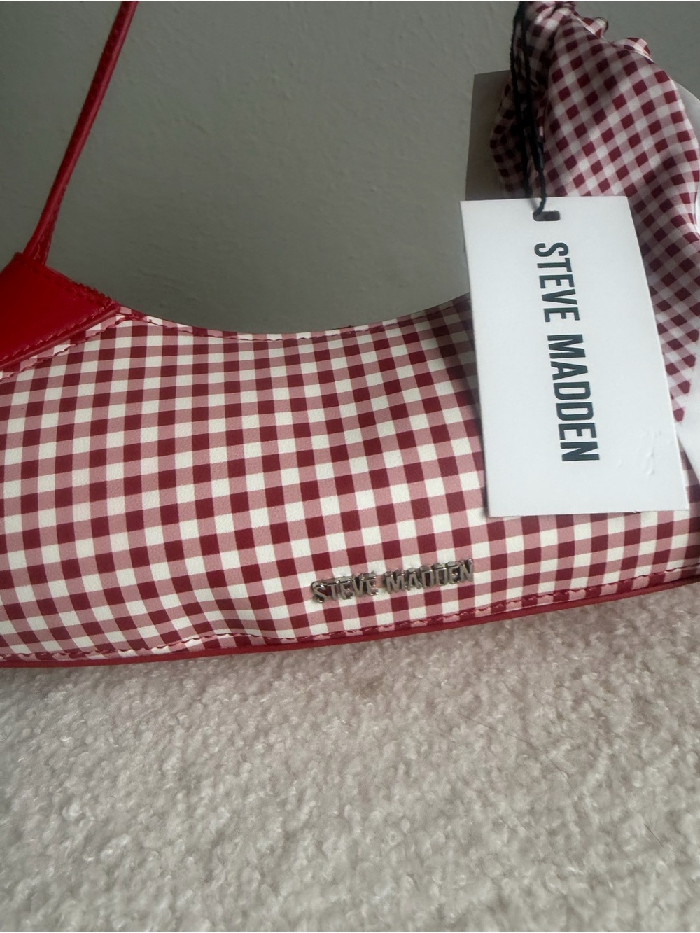Steve Madden Red and White Gingham Shoulder Bag with Silver Logo